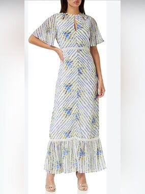 Hope & Ivy Hedda Floral Maxi Dress Ivory Blue Striped Lace Trim Size 6